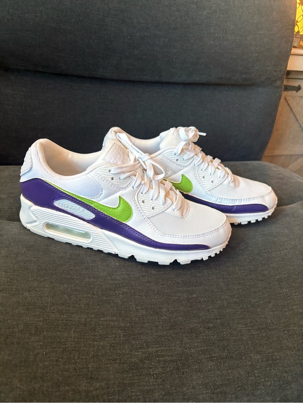 Nike Women's White Sneakers with Purple Panels & Lime Swoosh